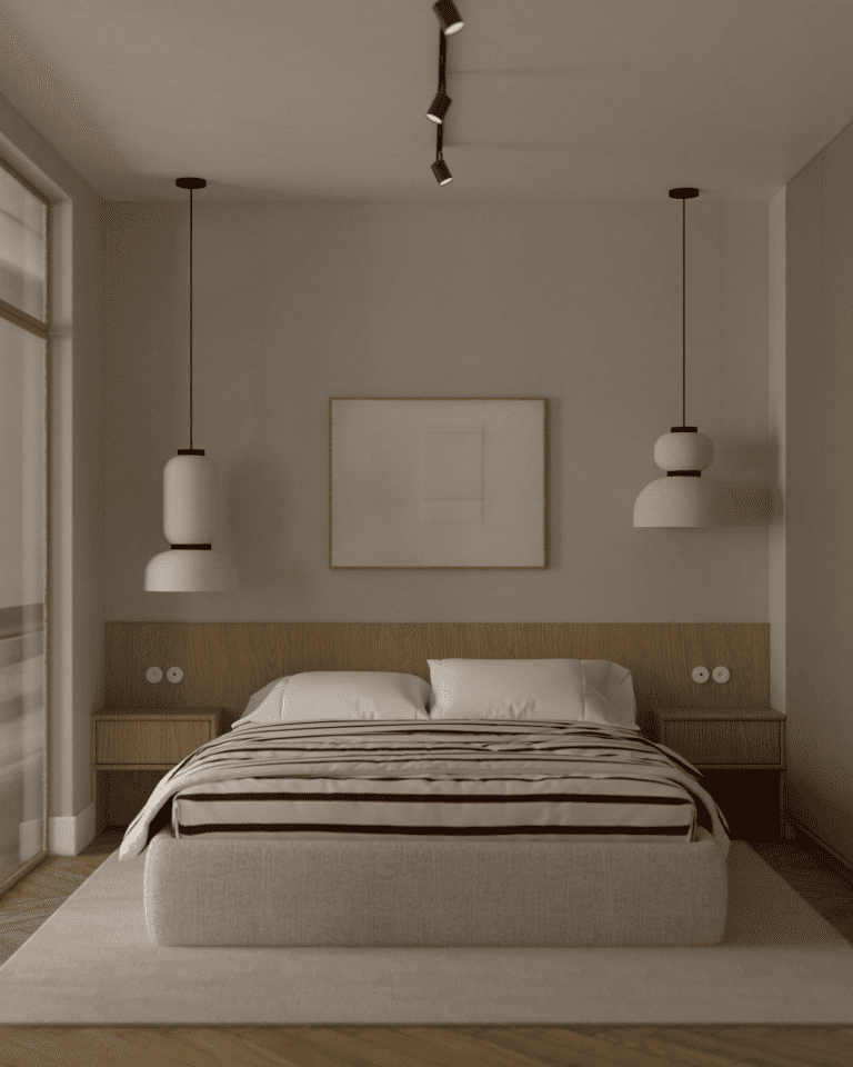 wizualizacje aranżacja wnętrza mieszkania sypialnia drewniana podłoga w jodełkę angielską beżowe ściany szafa garderobiana zielona łóżko kontynentalne tapicerowane beżowy dywan oświetlenie szynowe zagłówek fornirowany lampy wiszące &tradition Formakami pościel w paski drzwi szkło flutes