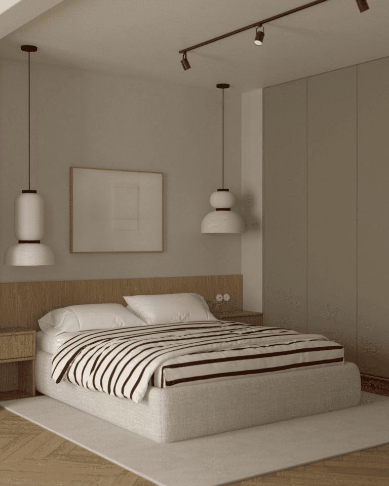 wizualizacje aranżacja wnętrza mieszkania sypialnia drewniana podłoga w jodełkę angielską beżowe ściany szafa garderobiana zielona łóżko kontynentalne tapicerowane beżowy dywan oświetlenie szynowe zagłówek fornirowany lampy wiszące &tradition Formakami pościel w paski