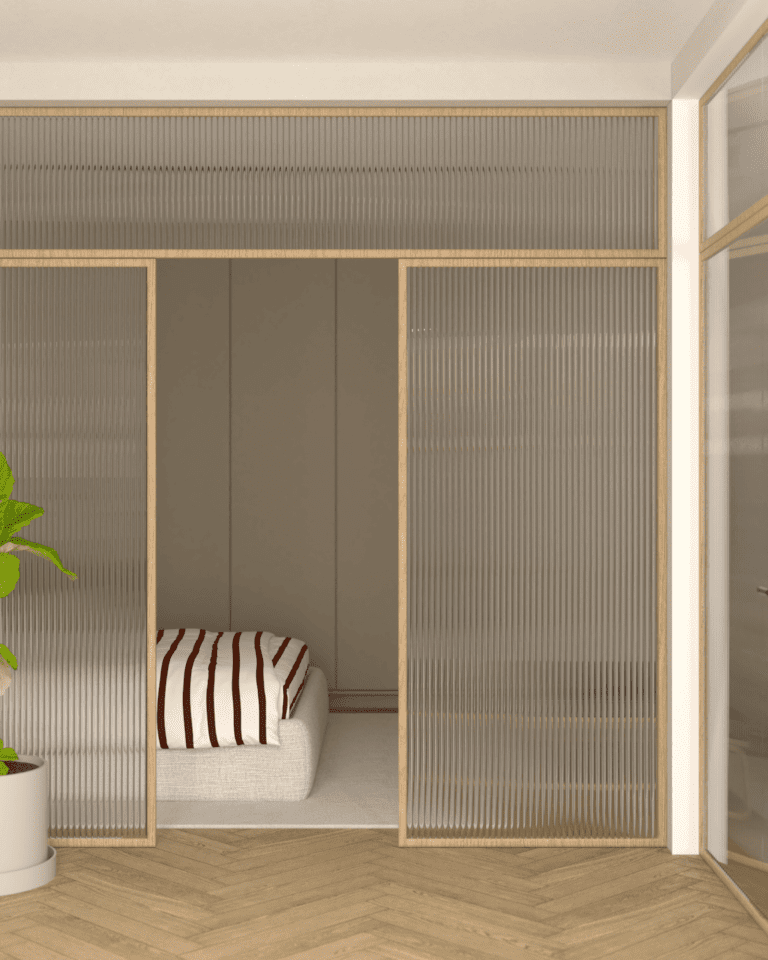 wizualizacje aranżacja wnętrza mieszkania sypialnia drewniana podłoga w jodełkę angielską beżowe ściany szafa garderobiana zielona łóżko kontynentalne tapicerowane beżowy dywan oświetlenie szynowe drzwi szkło flutes