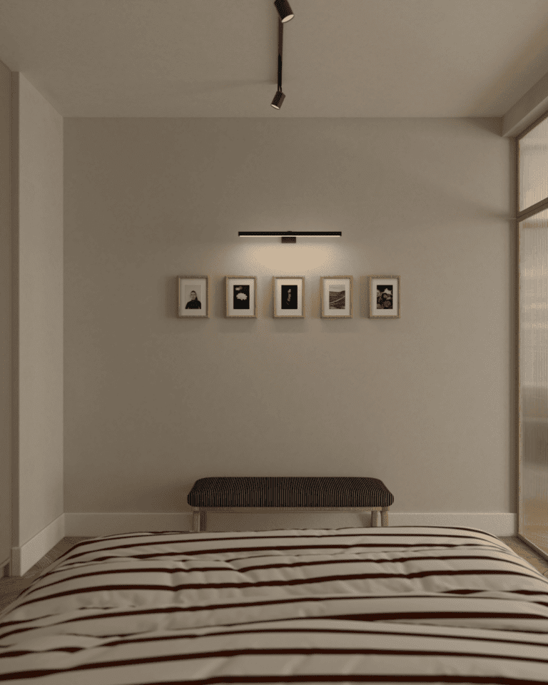 wizualizacje aranżacja wnętrza mieszkania sypialnia drewniana podłoga w jodełkę angielską beżowe ściany szafa garderobiana zielona łóżko kontynentalne tapicerowane oświetlenie szynowe pościel w paski drzwi szkło flutes ławka tapicerowana