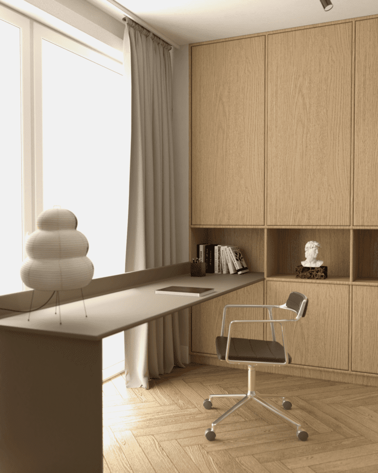 wizualizacje aranżacja wnętrza mieszkania biuro drewniana podłoga w jodełkę angielską beżowe ściany oświetlenie szynowe wysoka zabudowa fornir biurko zielone krzesło retro lampa papierowa