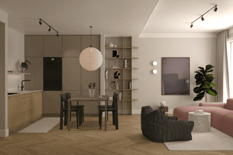 wizualizacje aranżacja wnętrza mieszkania salon z aneksem kuchennym i jadalnią drewniana podłoga w jodełkę angielską beżowe ściany wysoka zabudowa kuchenna zielona granitowy blat kuchenny zielony stół czarne krzesła papierowa lampa okrągła regał retro różowa kanapa beżowy dywan i zasłony czarno biała pufa fotel granitowy stolik oświetlenie szynowe