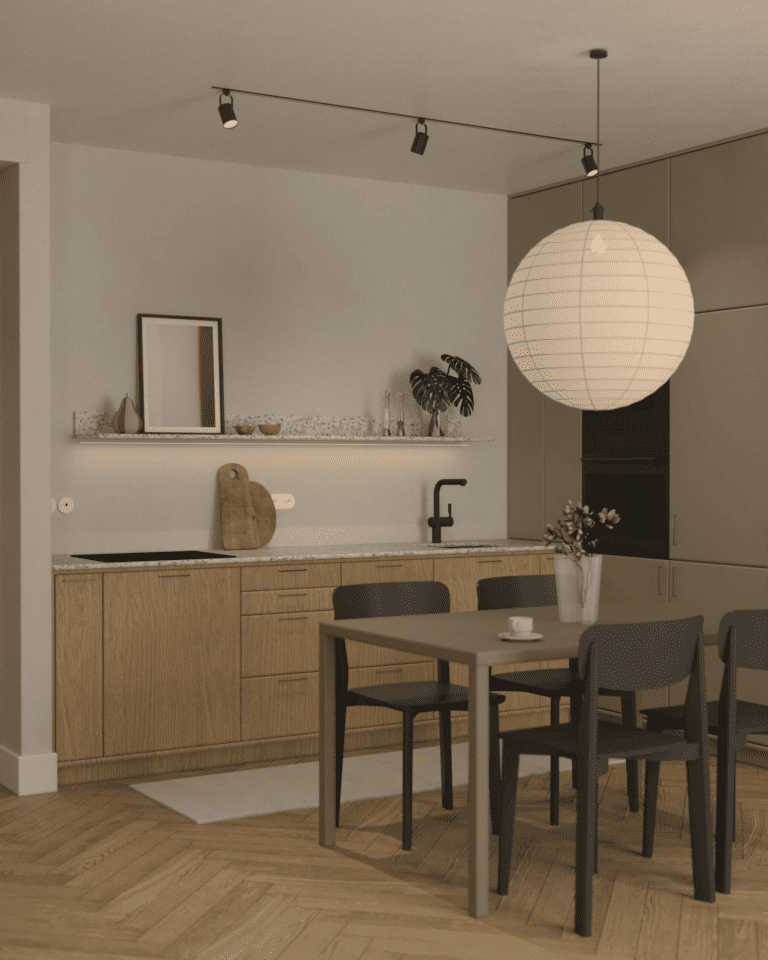 wizualizacje aranżacja wnętrza mieszkania aneks kuchenny z jadalnią drewniana podłoga w jodełkę angielską beżowe ściany wysoka zabudowa kuchenna zielona granitowy blat kuchenny zielony stół czarne krzesła papierowa lampa okrągła oświetlenie szynowe