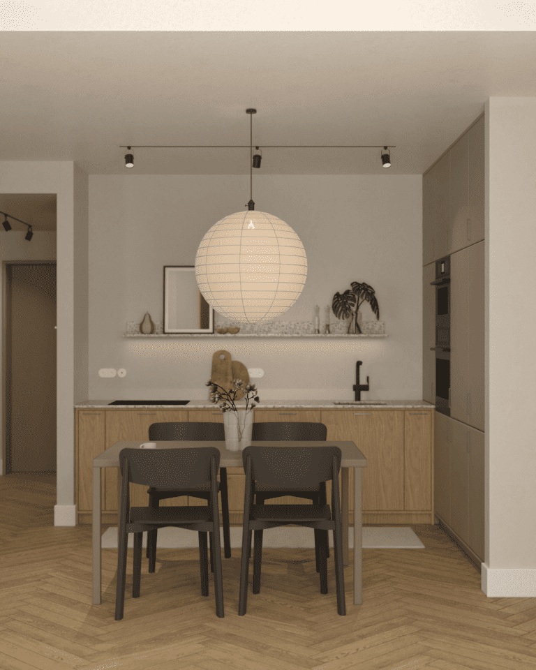 wizualizacje aranżacja wnętrza mieszkania aneks kuchenny z jadalnią drewniana podłoga w jodełkę angielską beżowe ściany wysoka zabudowa kuchenna zielona granitowy blat kuchenny zielony stół czarne krzesła papierowa lampa okrągła oświetlenie szynowe
