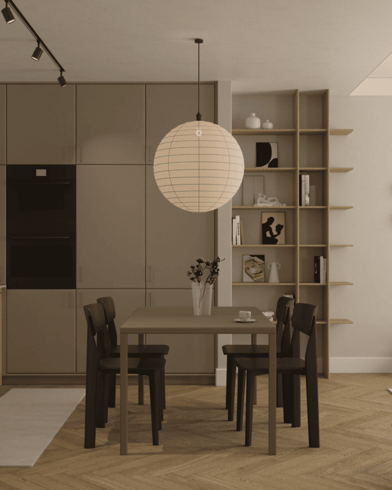 wizualizacje aranżacja wnętrza mieszkania aneks kuchenny z jadalnią drewniana podłoga w jodełkę angielską beżowe ściany wysoka zabudowa kuchenna zielona granitowy blat kuchenny zielony stół czarne krzesła papierowa lampa okrągła oświetlenie szynowe