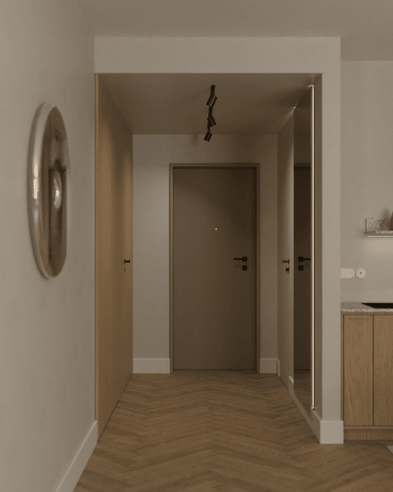 wizualizacje aranżacja wnętrza mieszkania przedpokój drewniana podłoga w jodełkę angielską beżowe ściany oświetlenie szynowe srebrny pączek ozdoba wysoka zabudowa fornir