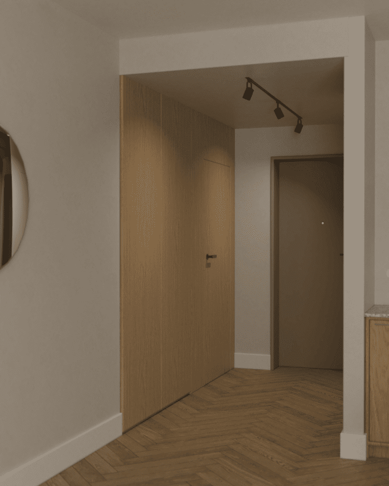 wizualizacje aranżacja wnętrza mieszkania przedpokój drewniana podłoga w jodełkę angielską beżowe ściany oświetlenie szynowe srebrny pączek ozdoba wysoka zabudowa fornir